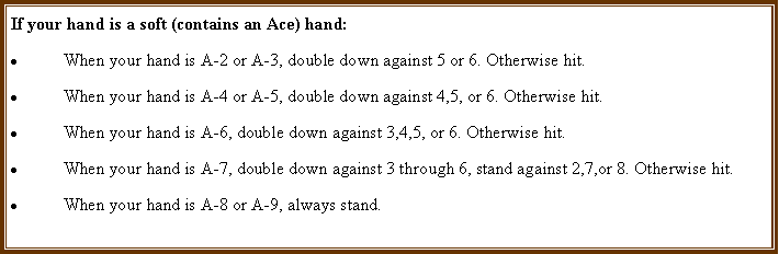 Text Box: If your hand is a soft (contains an Ace) hand:When your hand is A-2 or A-3, double down against 5 or 6. Otherwise hit.When your hand is A-4 or A-5, double down against 4,5, or 6. Otherwise hit.When your hand is A-6, double down against 3,4,5, or 6. Otherwise hit.When your hand is A-7, double down against 3 through 6, stand against 2,7,or 8. Otherwise hit.When your hand is A-8 or A-9, always stand.