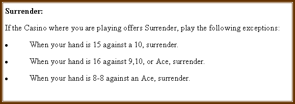 Text Box: Surrender:If the Casino where you are playing offers Surrender, play the following exceptions:When your hand is 15 against a 10, surrender.When your hand is 16 against 9,10, or Ace, surrender.When your hand is 8-8 against an Ace, surrender.